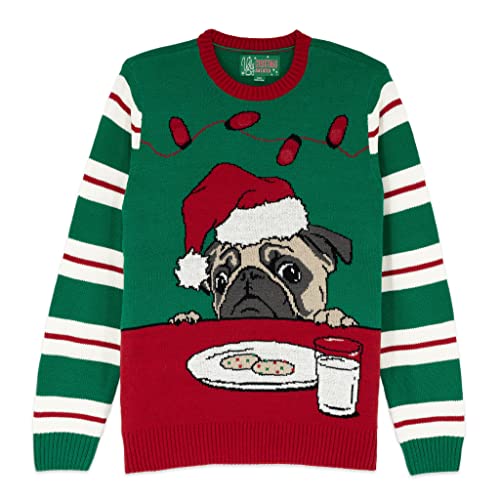 The Ugly Sweater Co. Light Up Ugly Christmas Sweater with LEDs - Snug Fit, Motion Activated Light Up Ugly Sweater Designs. (Emerald - Pug Cookies LED, XX-Large)