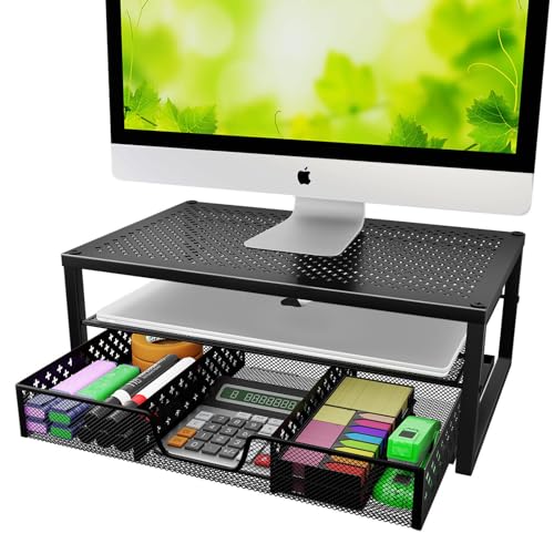 Simple Trending-Metal Monitor Stand Riser and Computer Desk Organizer with Drawer for Laptop, Computer, iMac, Black