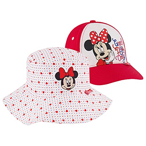 Disney Toddler Sunhat, Minnie Mouse Kids Bucket Matching Girls Baseball Cap for Beach, Size 2-4, Bucket & Baseball Hat, 2-4T Red and White