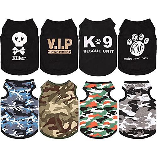 8 Pieces Dog Boy Summer Shirt Dog Camo Shirts Sleeveless Printed Pet Shirt Puppy Camouflage T-Shirt Breathable Puppy Vest Clothes Pet Apparel for Small to Medium Dog Puppy Cat (X-Small)