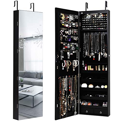 Giantex Wall Door Mounted Jewelry Armoire Cabinet with 47.5' H Full Length Mirror, 2 LEDs Lockable Jewelry Organizer Box with Bracelet Rod, 2 Drawers, Large Storage Capacity (Black)