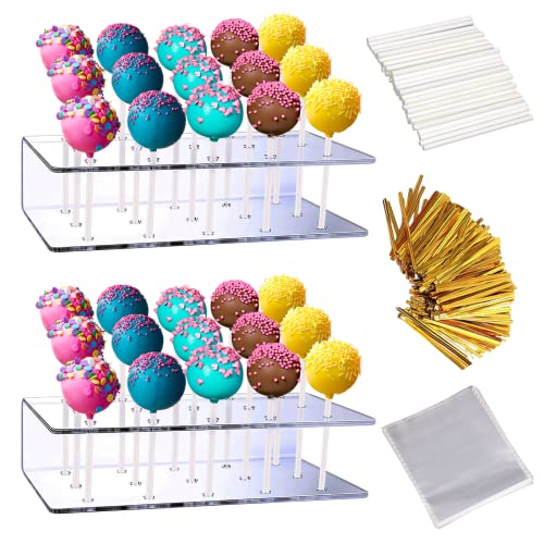 Aongch 2PCS Cake Pop Display Stand with 300 PCS Cake Pop Sticks and Wrappers Kit, 15 Hole Clear Acrylic Lollipop Holder for Weddings Birthday Parties Christmas Halloween Candy Decorative