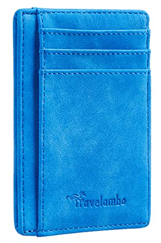Travelambo Front Pocket Minimalist Leather Slim Wallet RFID Blocking Medium Size Card Holder Gifts for Men (Sky Blue)