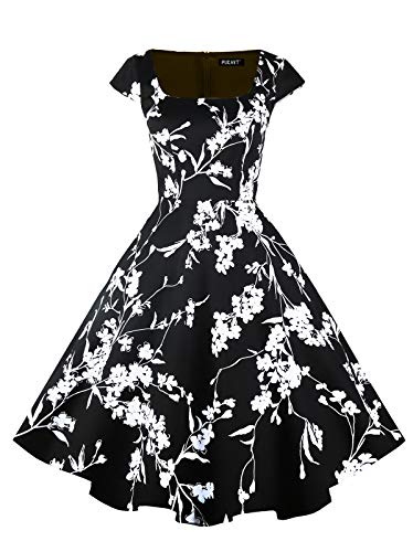 PUKAVT Women's Cocktail Party Dress Cap Sleeve 1950 Retro Swing Dress with Pockets Black Flower L