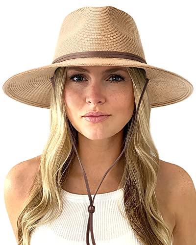 FURTALK Womens Summer Straw Sun Hats Wide Brim Panama Fedora Beach Hat with Wind Lanyard UPF 50+ Khaki