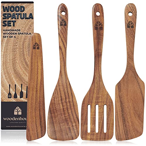 Wooden Spatula for Cooking, Kitchen Set of 4, Natural Teak Wooden Utensils including Paddle, Turner Spatula, Slotted Spatula and Wood Scraper. Nonstick cookware.