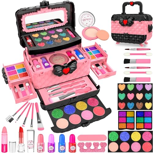 54 Pcs Kids Makeup Kit for Girls, Princess Real Washable Pretend Play Cosmetic Set Toys with Mirror, Non-Toxic & Safe, Birthday Gifts for 3 4 5 6 7 8 9 10 Years Old Girls Kids (Pink)