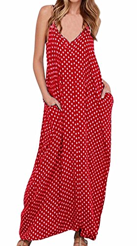 LILBETTER Women V-Neck Polka Dot Print Spaghetti Strap Boho Long Maxi Dresses (Red,Large)