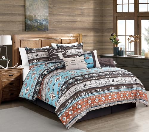 Chezmoi Collection Boone 7-Piece Southwestern Cowboys Rodeo Comforter Set - Multicolor Blue Brown Beige Clay Printed Washed Microfiber Bedding, Queen