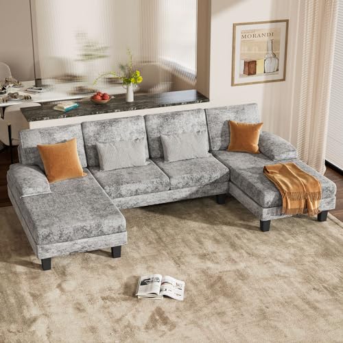 Shahoo Sectional Couch Living Room Sets Chenille Fabric U-Shaped Sofa with Double Chaises, Dark Gray