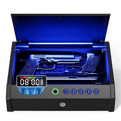 MOLICAR Gun Safe, Biometric Gun Safes for pistol with LCD of Battery, USB-C Port, Fingerprint Quick Access Handgun Safe Portable for Car Bedside Nightstand