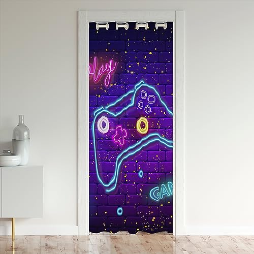 Castle Fairy Games Gamepad Door Curtain for Doorway Privac 34' W X 80' L,Colorful Neon Light Video Games Doorway Blackout Curtain,Vintage Brick Wall Door Drape for Living Room