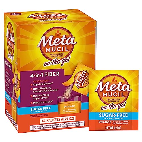 Metamucil On-The-Go, Daily Psyllium Husk Powder Supplement, Sugar-Free Powder, 4-in-1 Fiber for Digestive Health, Orange Flavored Drink, 44 Packets