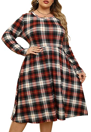 Nemidor Women's Round Neck Long Sleeve Casual Plus Size Fit and Flare Midi Dress with Pocket (24W, Grid+Sleeve)