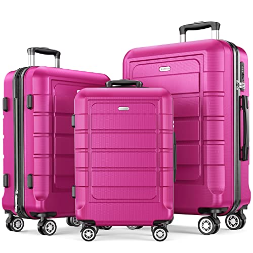 SHOWKOO Luggage Sets Expandable PC+ABS Durable Suitcase Sets Double Wheels TSA Lock Megenta 3pcs