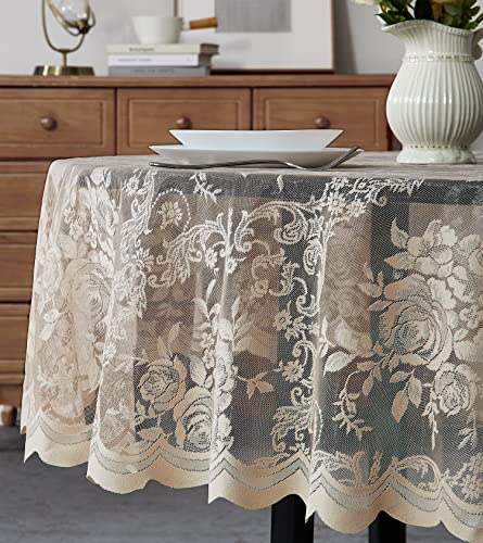 Warm Home Designs 60 Inch Round Tablecloth with English Rose Design. Use as Circle Tablecloth, Rustic Tablecloth or as Elegant Lace Table Cloth. Linen Gold Table Clothes for 6 Guests. LTC Linen 60'
