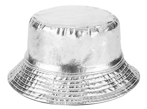 Joylife IHAUIUE Metallic Bucket Hat Trendy Fisherman Hats Unisex Reversible Packable Cap, Silver