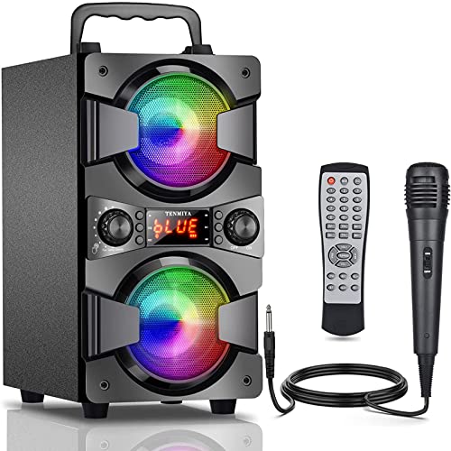 60W Bluetooth Speakers Portable Wireless Speaker with Double Subwoofer Heavy Bass, FM Radio, Microphone, Lights, Remote EQ, Loud Boom Box Stereo Sound System Speaker for Home Outdoor Party Gifts(1MIC)