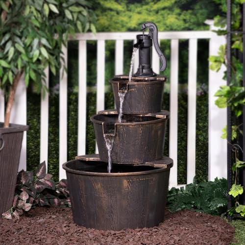 Alpine Corporation TEC234BR Outdoor Floor Tiered Rustic Pump and Barrel Water Fountain, Old-Fashioned Waterfall, 40', Brown