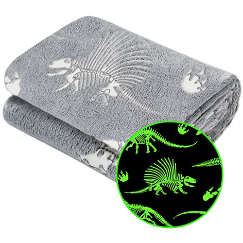 Glow in The Dark Blanket Dinosaur Throw Blanket for Boys Kids Soft Warm Cozy Cute Dino Blanket Unique Dinosaur Toys Gifts Gray Glowing Dinosaur Room Decor Blankets for Girls Teens 50'x60'