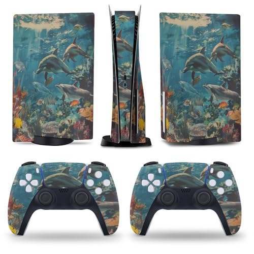 Buyidec Ocean Dolphin Fish for PS5 Skin Console and Controller Accessories Cover Skins Anime Vinyl Cover Sticker Full Set for Playstation5 Disc Edition