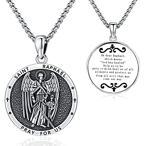 Aniu S925 Sterling Silver Archangel Raphael Prayer Charm Necklace Patron Saint Raphael Catholic Confirmation Gift Jewelry