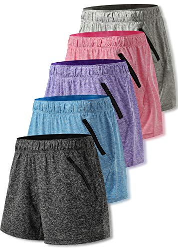 5 Pack: Womens Workout Gym Shorts Casual Lounge Set, Ladies Active Athletic Apparel with Zipper Pockets (Set 1, Large)