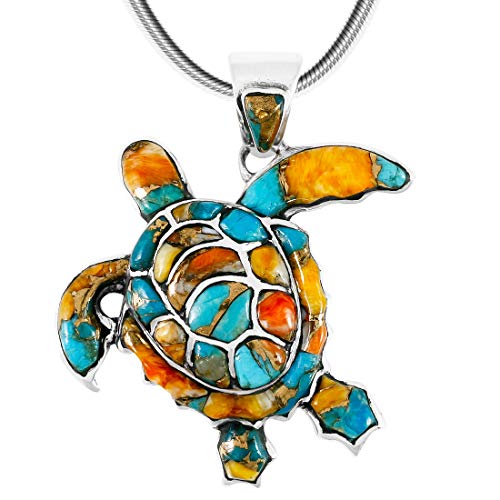 Turtle Pendant Necklace 925 Sterling Silver Genuine Gemstones (20', Spiny Turquoise)
