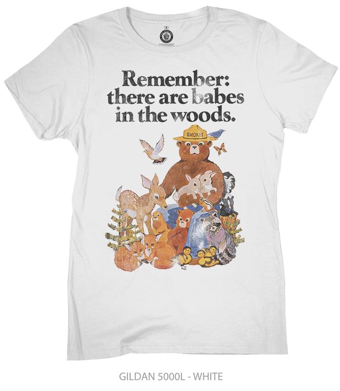 Ripple Junction Smokey Bear Women's Short Sleeve T-Shirt Babes in The Woods Animals Juniors Boyfriend Loose Fit White M