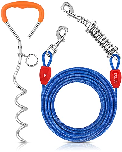 Petbobi Dog Tie Out Cable and Stake - 30FT Heavy Duty Cable with Spring - No Tangle, 16-inch Ground Stake - Ideal for Yard, Camping, and Beach - Suitable for Medium to Large Dogs Up to 120 lbs, Blue