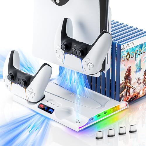 Stand for PS5 Slim and Cooling Station, with 2 Controllers Charging Dock and Cooling Fan, Vertical PS5 Slim Disc Digital Stand for Playstation 5 Slim Accessories with 8 Game Slots,White