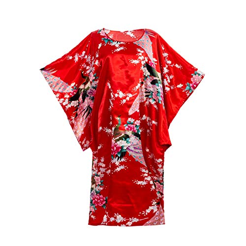 Asian Home Flower Peacock Satin Silk Kimono Dress, Nightgown, Dressing Gown (Red)
