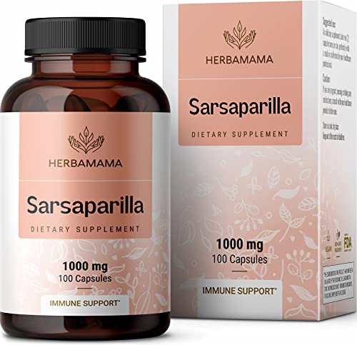 HERBAMAMA Sarsaparilla Root Capsules - Organic Sarsaparilla Root Powder Pills - Smilax Medica Herb Supplement - 1000mg, 100 Caps
