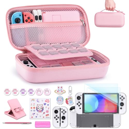innoAura Switch OLED Accessories, 18 in 1 Switch Bundle with Case, OLED Screen Protector, Stand, Thumb Grips (Pink)