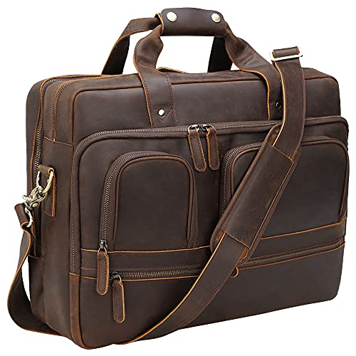 TIDING 18 Inch Full Grain Leather Briefcase for Men 17 Inch Laptop Messenger Bag Business Travel Office Shoulder Bag, X-Large