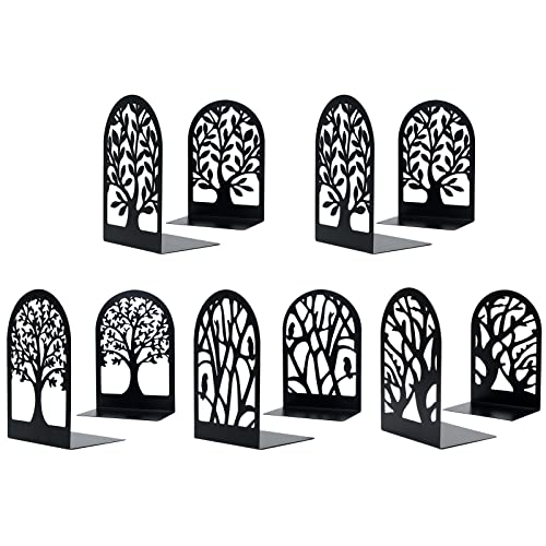 EOOUT Bookends for Shelves Decorative, 5 Pairs of Tree Bookends Supports, Black Metal Book Stoppers for Heavy Books, Heavy Duty Book Ends for Home Office School.