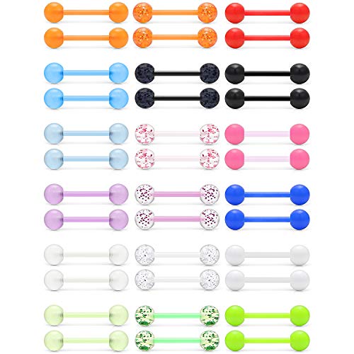 Ruifan 14G 16mm Flexible Acrylic Straight Tongue Ring Barbells Nipple Piercing Jewelry Retainer For Women Men Glow in the Dark Glitter Solid Color 36PCS
