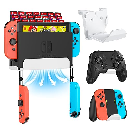 KUNSLUCK Wall Mount for Nintendo Switch/ Switch OLED with 2 Controller Wall Mount and 28 Game Card Holders, Safely Store Your Switch Console Near or Behind Your TV (White)