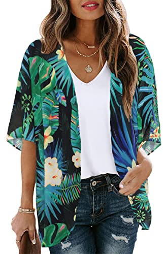 Women's Floral Print Puff Sleeve Kimono Cardigan Loose Cover Up Casual Blouse Tops (Black green print, M)