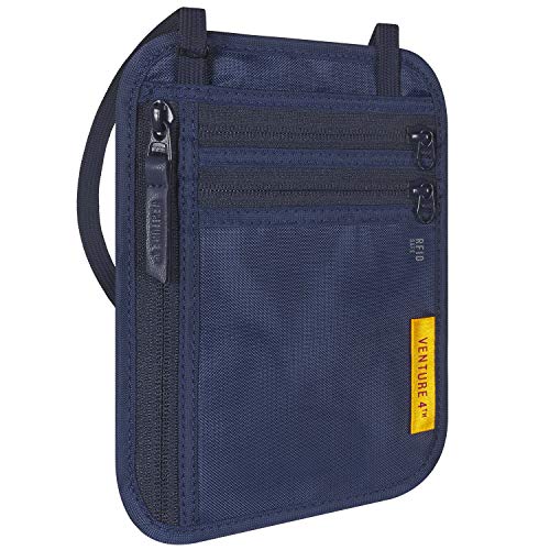VENTURE 4TH Slim Passport Holder Neck Pouch with RFID Blocking Travel Neck Wallet and a Nylon Lining (Navy)