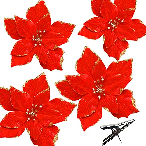 Bodosac 12 pcs Poinsettia Artificial Christmas Flowers Red Poinsettia with Clip Xmas Decorations Tree Ornaments Red Glitter