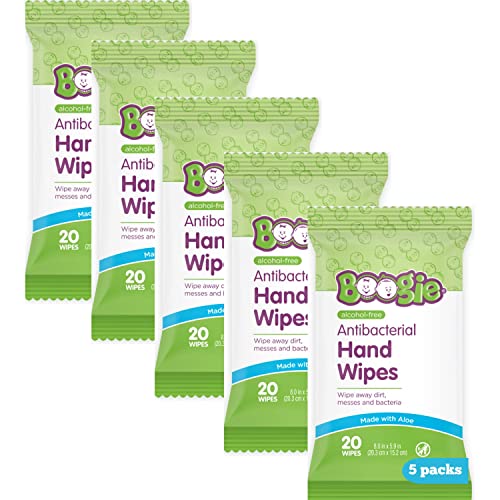 Antibacterial Hand Wipes by Boogie, Alcohol Free, Hypoallergenic and Moisturizing Aloe, Hand Wipes for Kids and Adults, 5 Packs of 20 (100 Total Wipes)