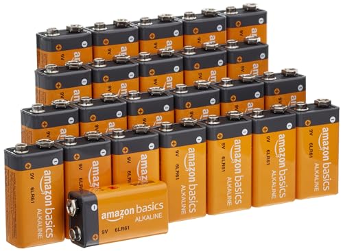 Amazon Basics 24 Pack 9 Volt Performance All-Purpose Alkaline Batteries, 5-Year Shelf Life, Easy to Open Value Pack