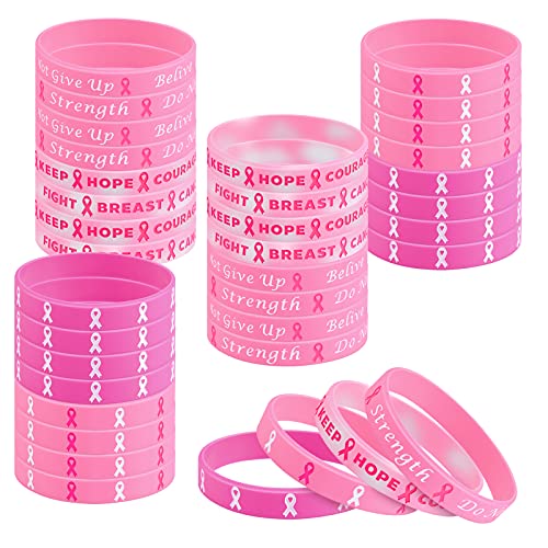 ELECLAND 48 Pcs Pink Breast Cancer Awareness Bracelets Ribbon Silicone Bracelets Support Faith Strength Silicone Wristband for Events