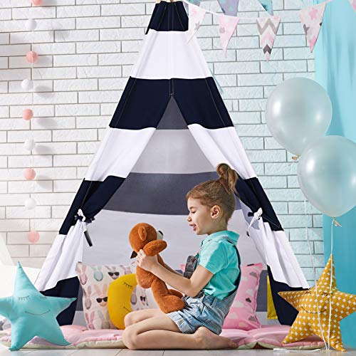 Costzon Kids Play Tent Indian Tent Cotton Canvas Baby Children Playhut with Carry Bag, Home and Playground, Kid Teepee Tent for Toddlers(Blue & White)
