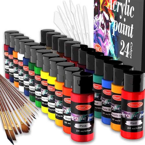HissiCo 42PCS Acrylic Paint Set of 24 Colors 2fl oz 60ml Bottles with 12 Brushes and 6 Paint Knives,Non Toxic 24 Colors Acrylic Paint No Fading Rich Pigment for Kids Adults Artists Canvas Crafts Wood