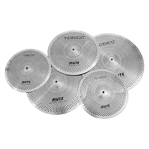 Low Volume Cymbal Pack Mute Cymbal Set 14'Hihats+16'Crash+18'Crash+20'Ride 5 Pieces Silver Drummer Practice Quiet Cymbal for Drum Set