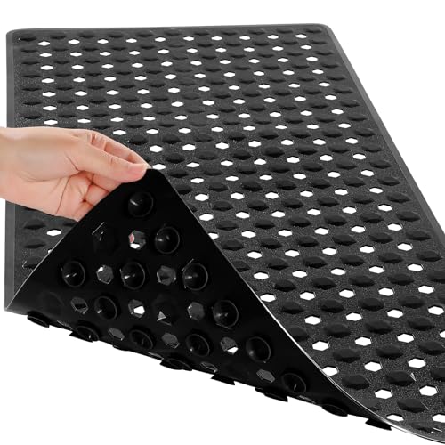 Yimobra Bathtub Shower Mat, Long Non Slip Bath Mats for Tub with Drain Hole and Suction Cups, Soft on Feet, Machine Washable, Easy Dry, 34.5 x 15.5 Inch, Black