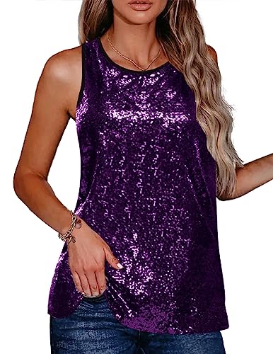 Zeagoo Women's Sleeveless Sparkle Shimmer Camisole Loose Sequined Vest Tank Tops(Purple,XXL)