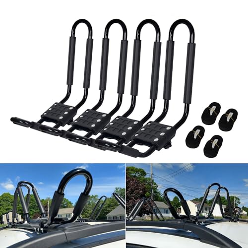 ECOTRIC Kayak Roof Rack J-Bar Rack HD Universal Kayak Carrier Holder Canoe Boat Surf Ski Board Roof Top Mounted on Crossbar for Car SUV Truck Set of 4